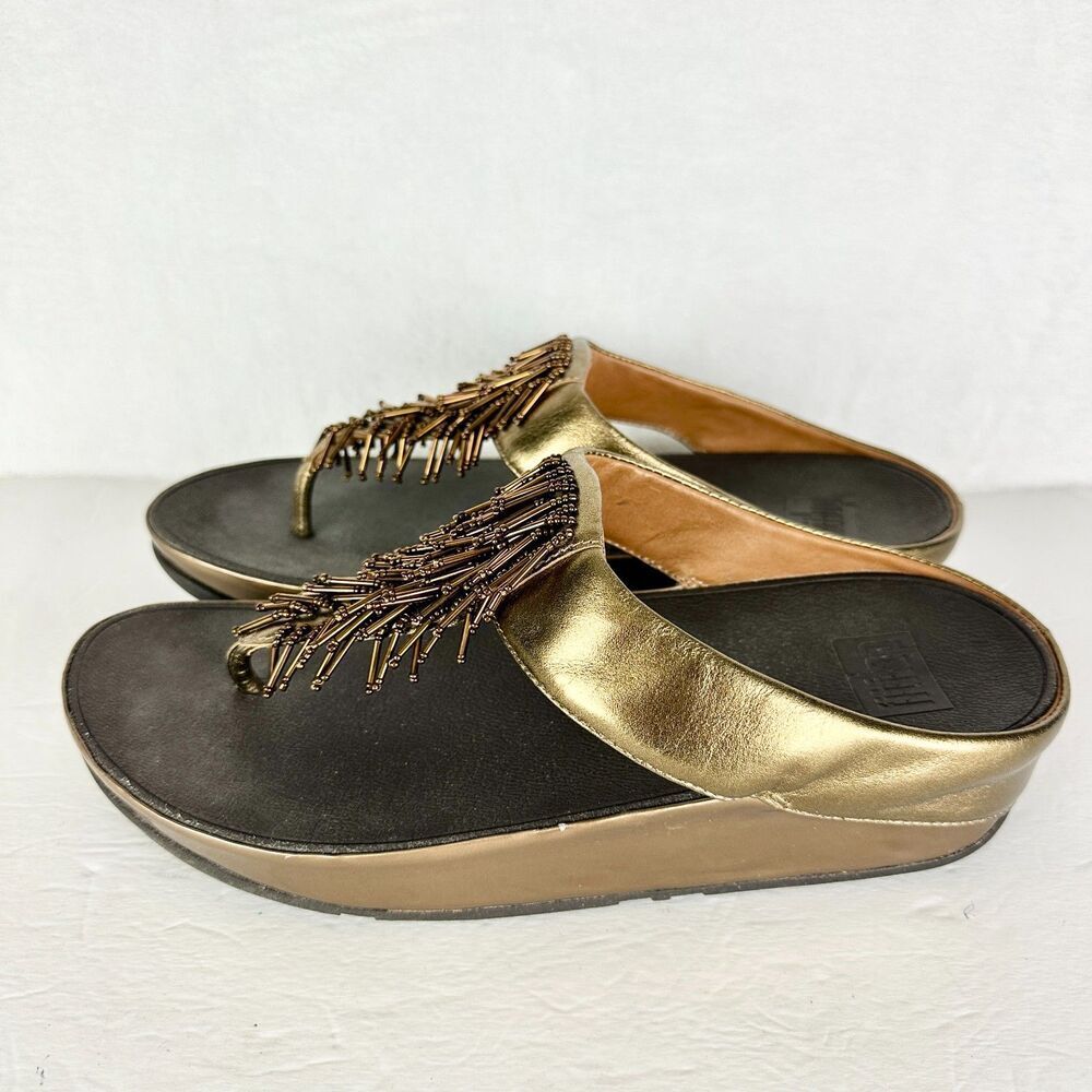 FitFlop Cha Cha Sandal Size 9 Bronze Gold Beaded Fringe